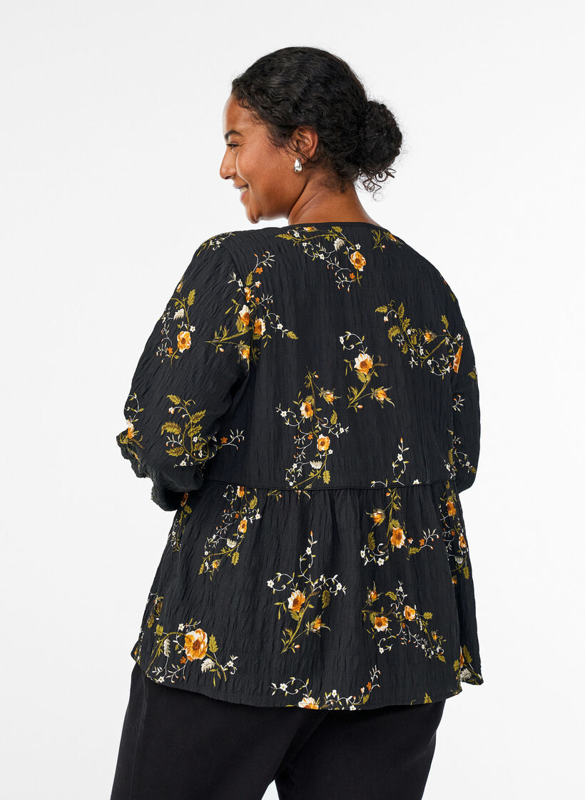 Langermet bluse med blomstertrykk, Svart, Model image number 2