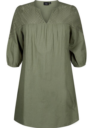 Kjole i bomullsblanding med lin og heklede detaljer, Deep Lichen Green, Packshot image number 0