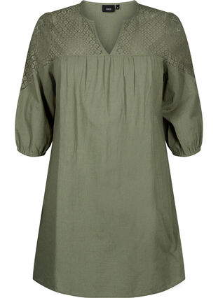 Zizzi Kjole i bomullsblanding med lin og heklede detaljer, Deep Lichen Green, Packshot image number 0
