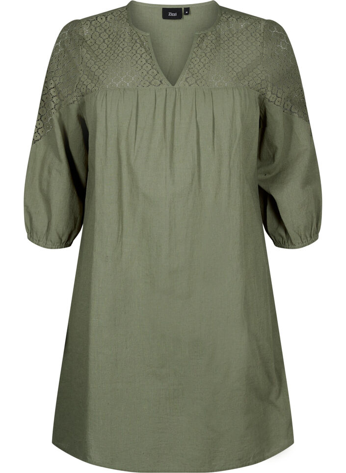 Kjole i bomullsblanding med lin og heklede detaljer, Deep Lichen Green, Packshot image number 0