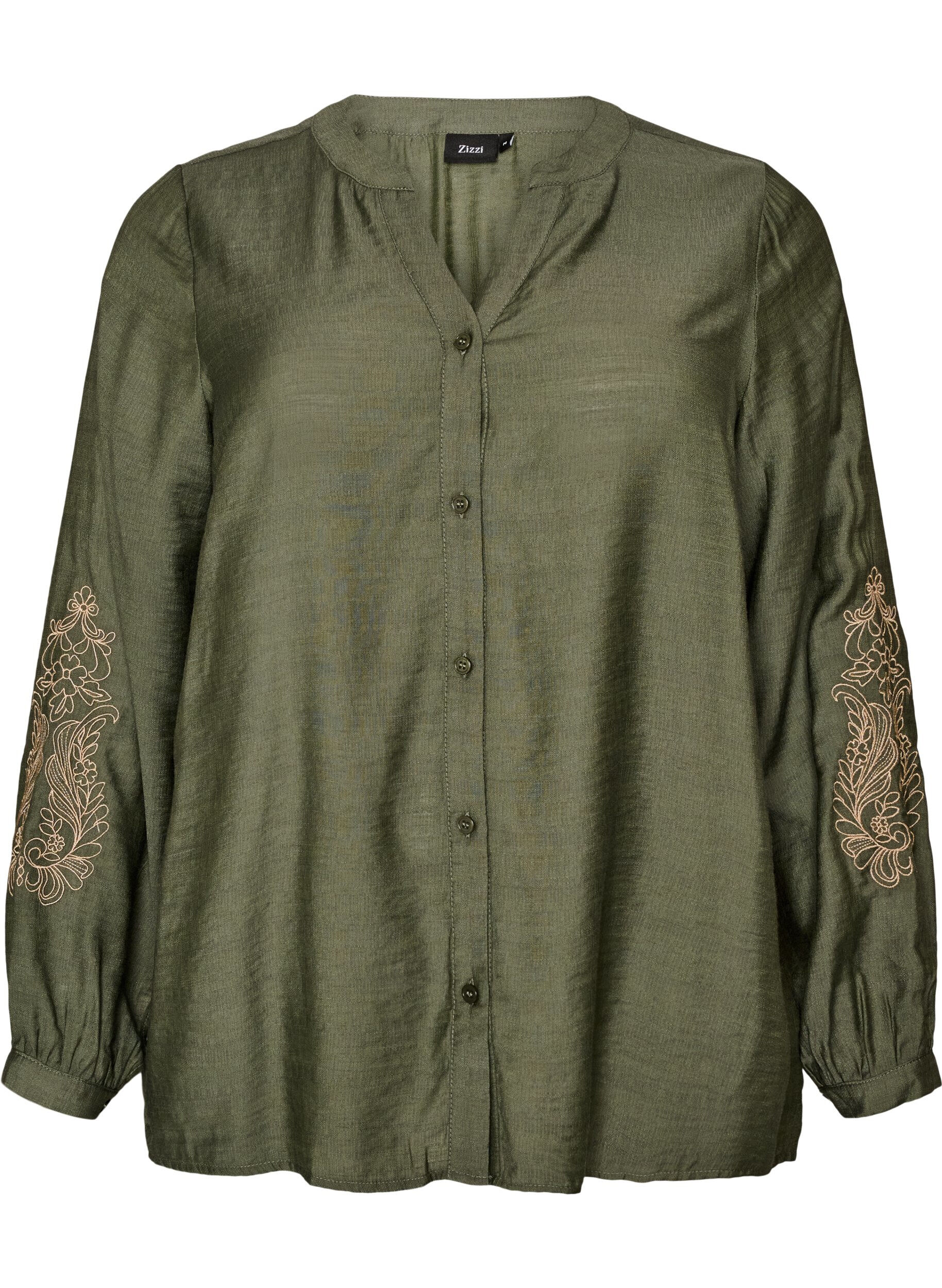 ZizziViskoseskjorte med broderte ermer, Gr&oslash;nn, Packshot image number 0