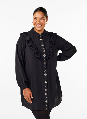 Zizzi Skjortekjole med volanger og broderier, Black, Model image number 0