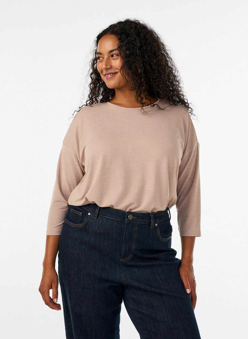 Jersey bluse med 3/4 ermer, Beige, Model image number 0