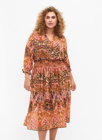 Mønstrete midikjole med smock og 3/4 ermer, Colorful Ethnic, Model