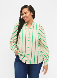 Stripete skjortebluse i bomull med volangkrage, Beige Green Stripe, Model