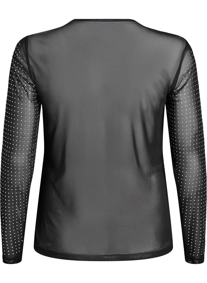 Bluse i mesh med rhinesteiner og lange ermer, Svart, Packshot image number 1