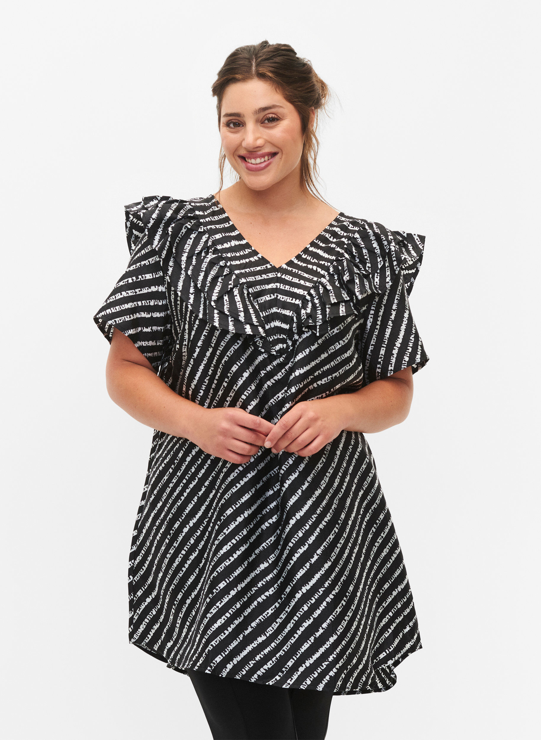 Zizzi Stripete tunika med frynser, Black/White Stripes, Model image number 0