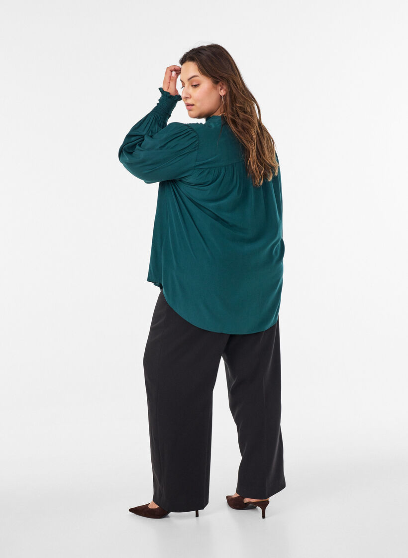 Bluse med rysjekrage og rynking, Gr&oslash;nn, Model image number 2