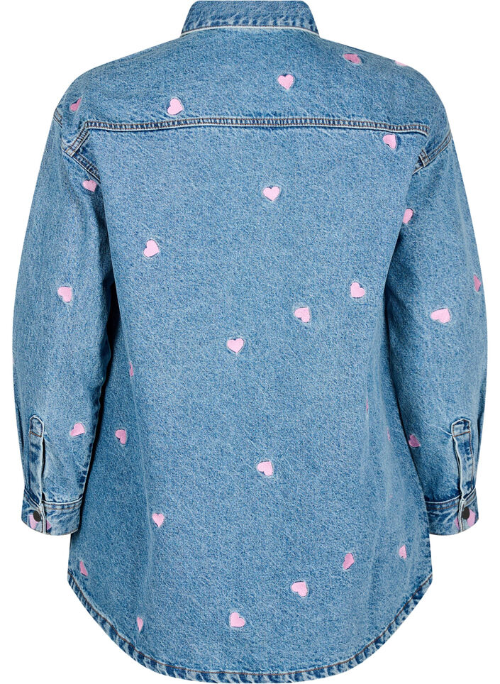 Løs denimskjorte med broderte hjerter, Light Blue Heart, Packshot image number 1