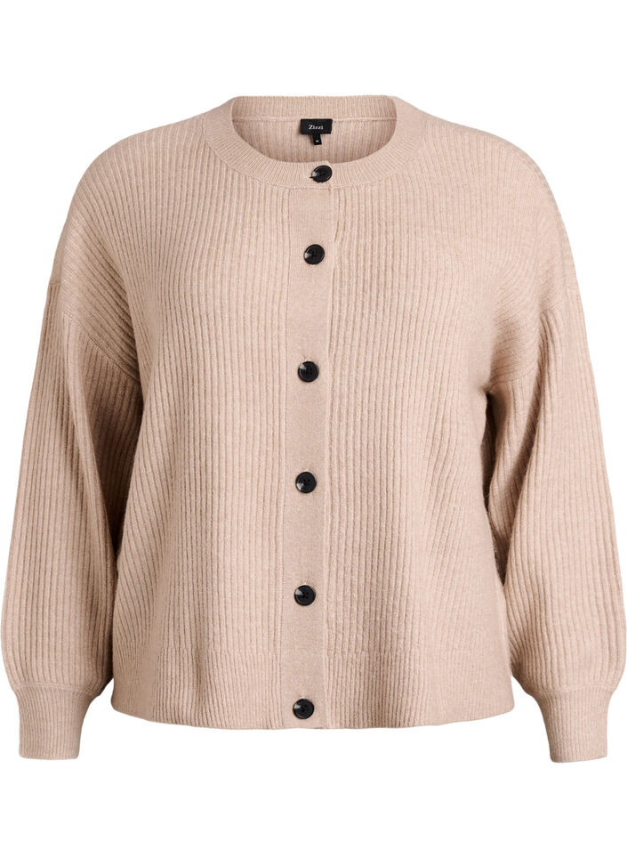 Ribbestrikket cardigan med knapper, Beige, Packshot image number 0