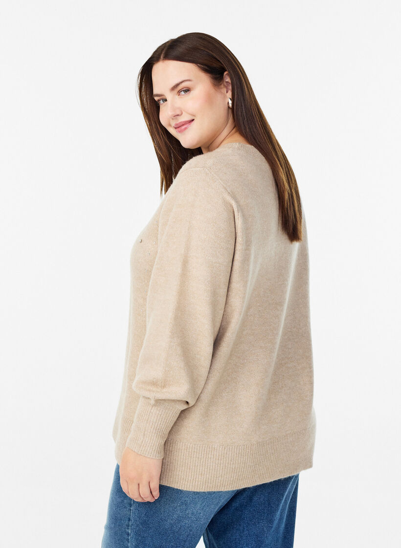 Strikkebluse med rhinesteiner, Beige, Model image number 2