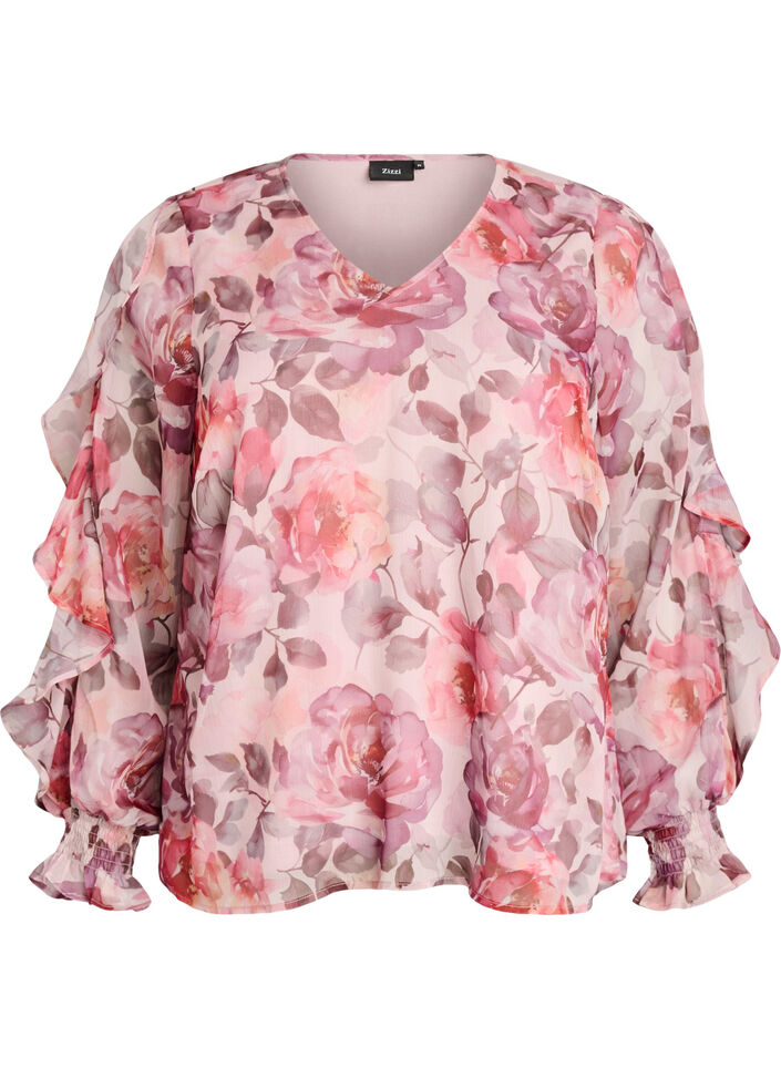 Bluse med blomstertrykk, V-hals og rysjede ermer, Rosa, Packshot image number 0