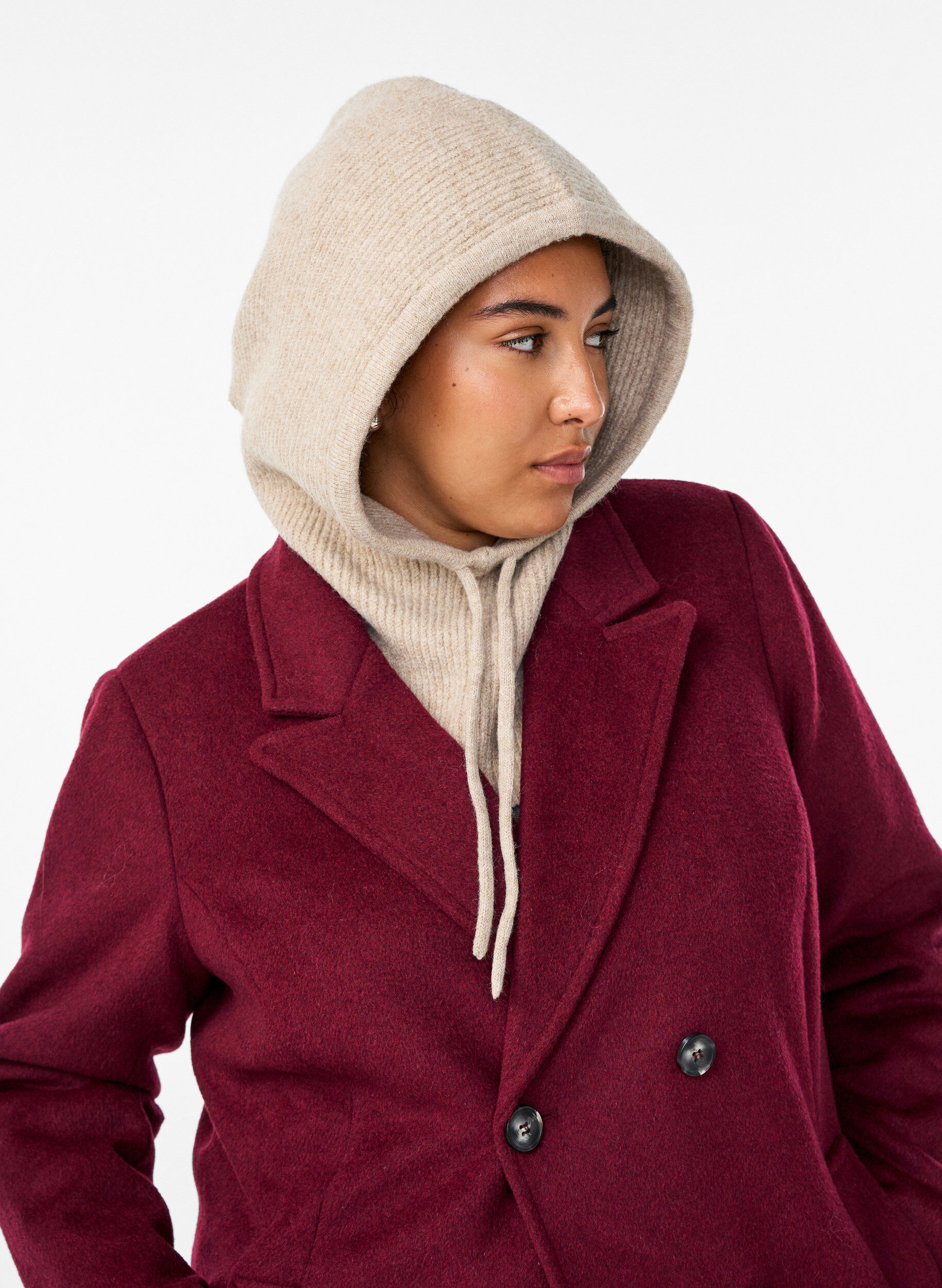 Zizzi Strikket balaclava med snorer, Beige, Model image number 1