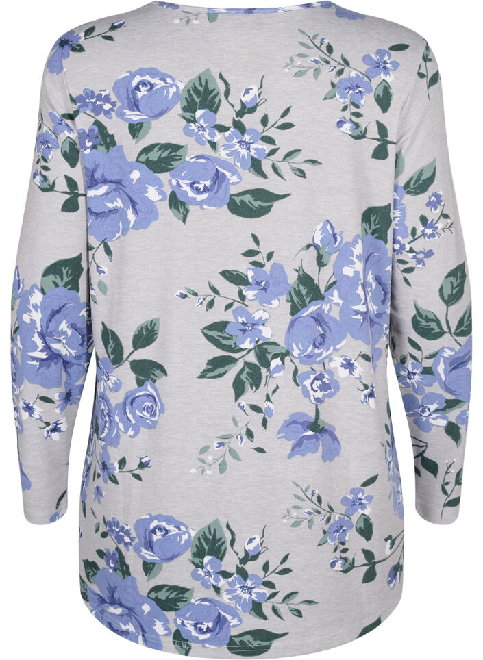 Blomstret bluse med lange ermer, Bl&aring;, Packshot image number 1