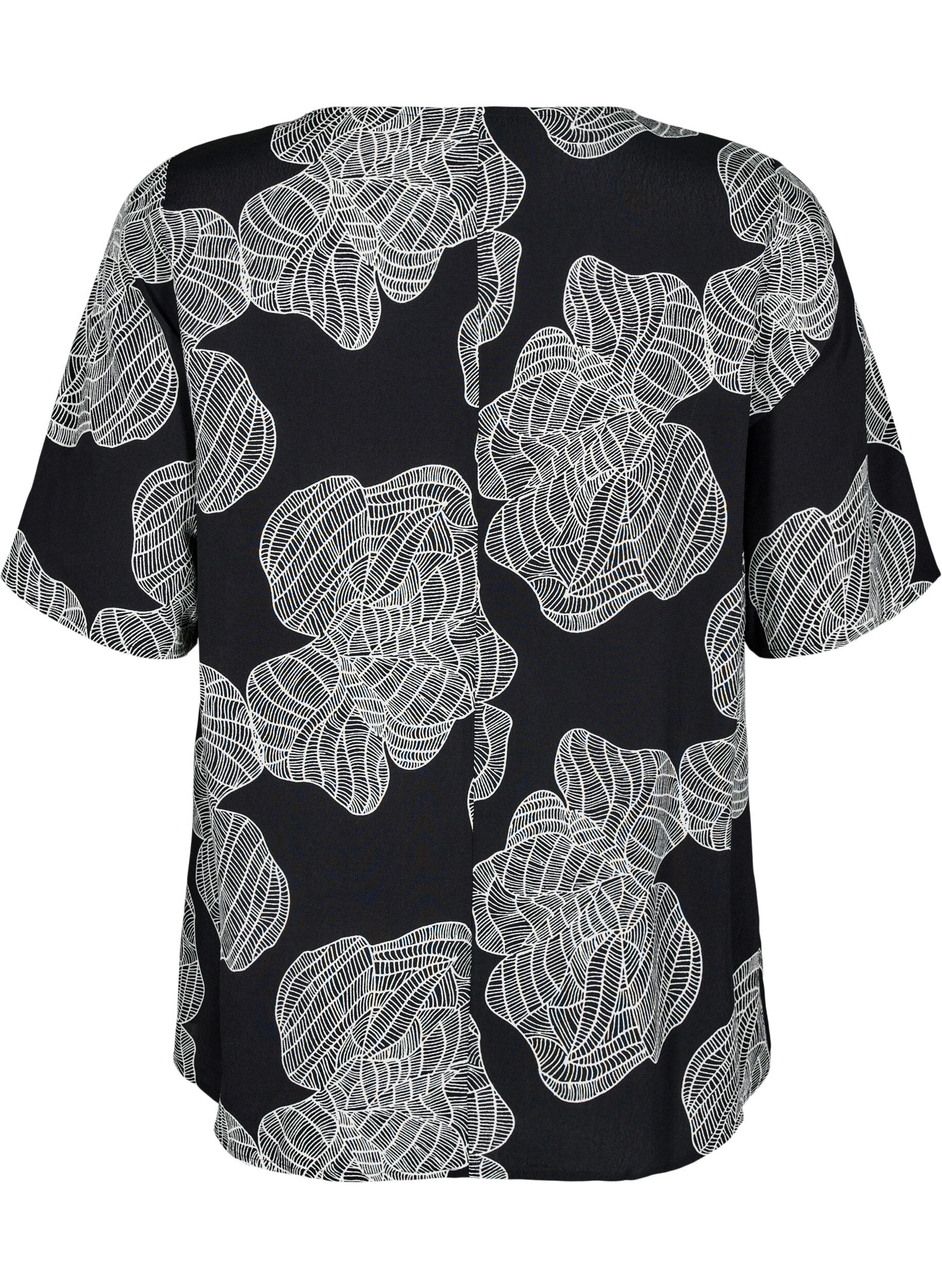 Zizzi Short sleeve Viscose Bluse med utskrift, Svart, Packshot image number 1