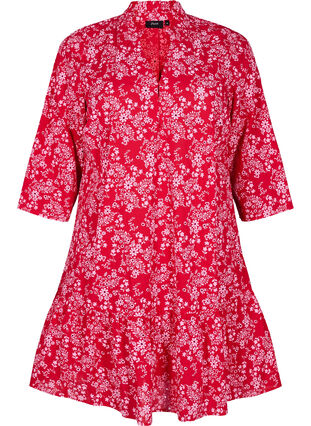 Zizzi Knelang kjole med blomstertrykk og 3/4 ermer, Rød, Packshot image number 0