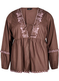 Bluse med åpen front og broderte detaljer, Brun Bluse med åpen front og broderte detaljer