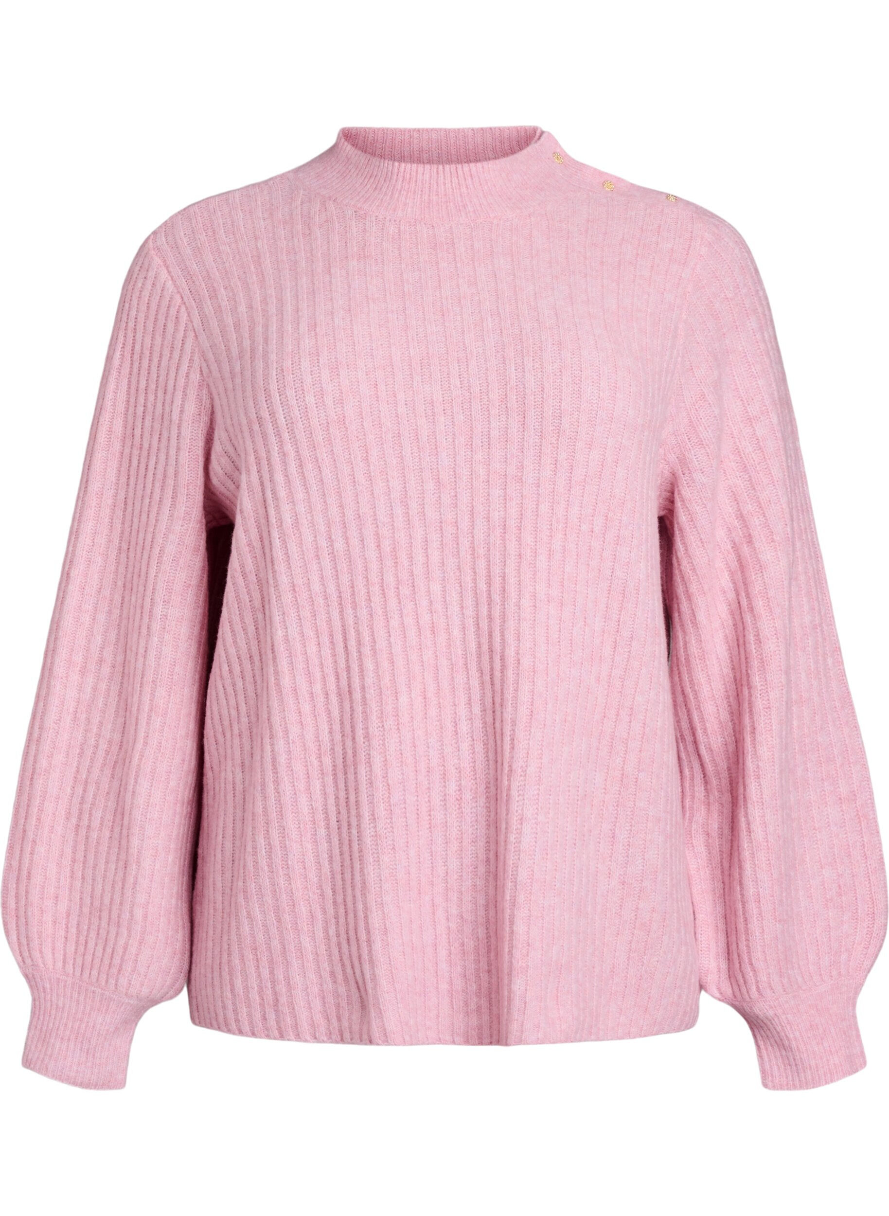 ZizziRibbestrikket genser med puffede ermer og knapper, Rosa, Packshot image number 0