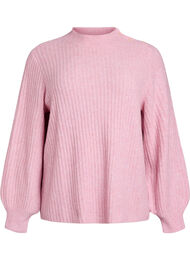 Ribbestrikket genser med puffede ermer og knapper, Rosa