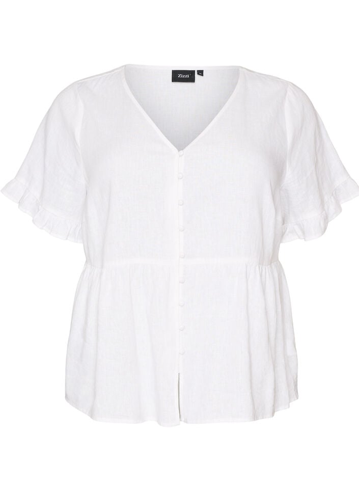 Bluse i lin og viskose med V-hals og knappelukking, Hvit, Packshot image number 0