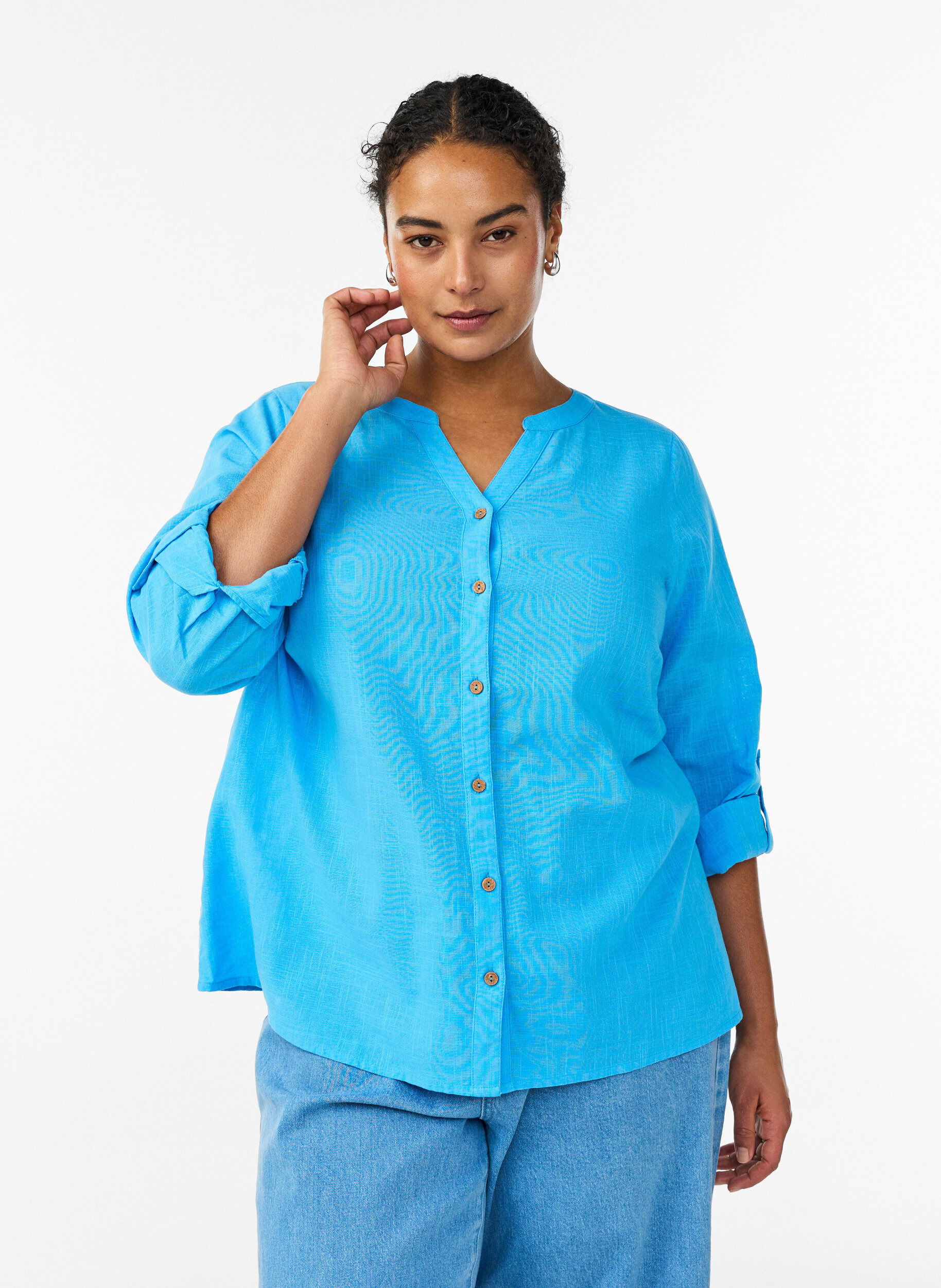 Bluse i bomull med V-hals, Bl&aring;, Model