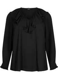 Bluse med lange ermer og volanger, Black