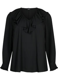 Bluse med lange ermer og volanger