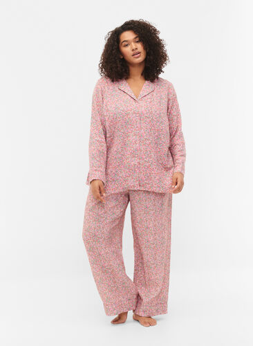 Pysjamasbukser i bomull med blomstermønster, Powder Pink, Model image number 0