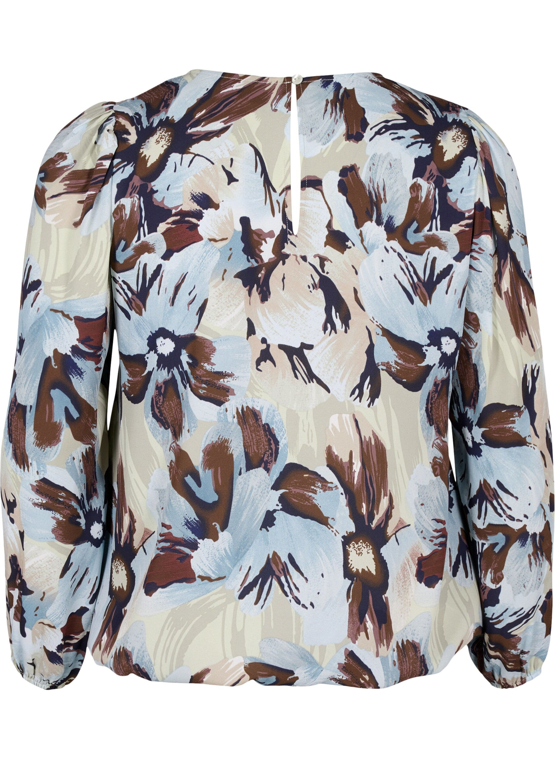 Zizzi Langermet bluse med trykk og knapp, Grey Flower AOP, Packshot image number 1