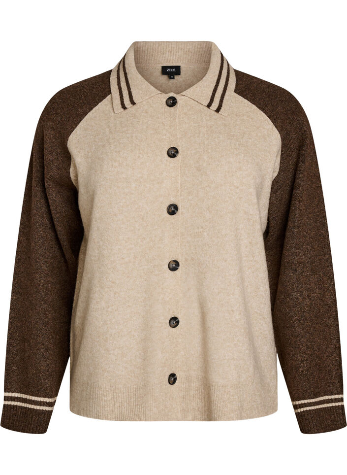 Cardigan med kontrasterende ermer og krage, Beige, Packshot image number 0