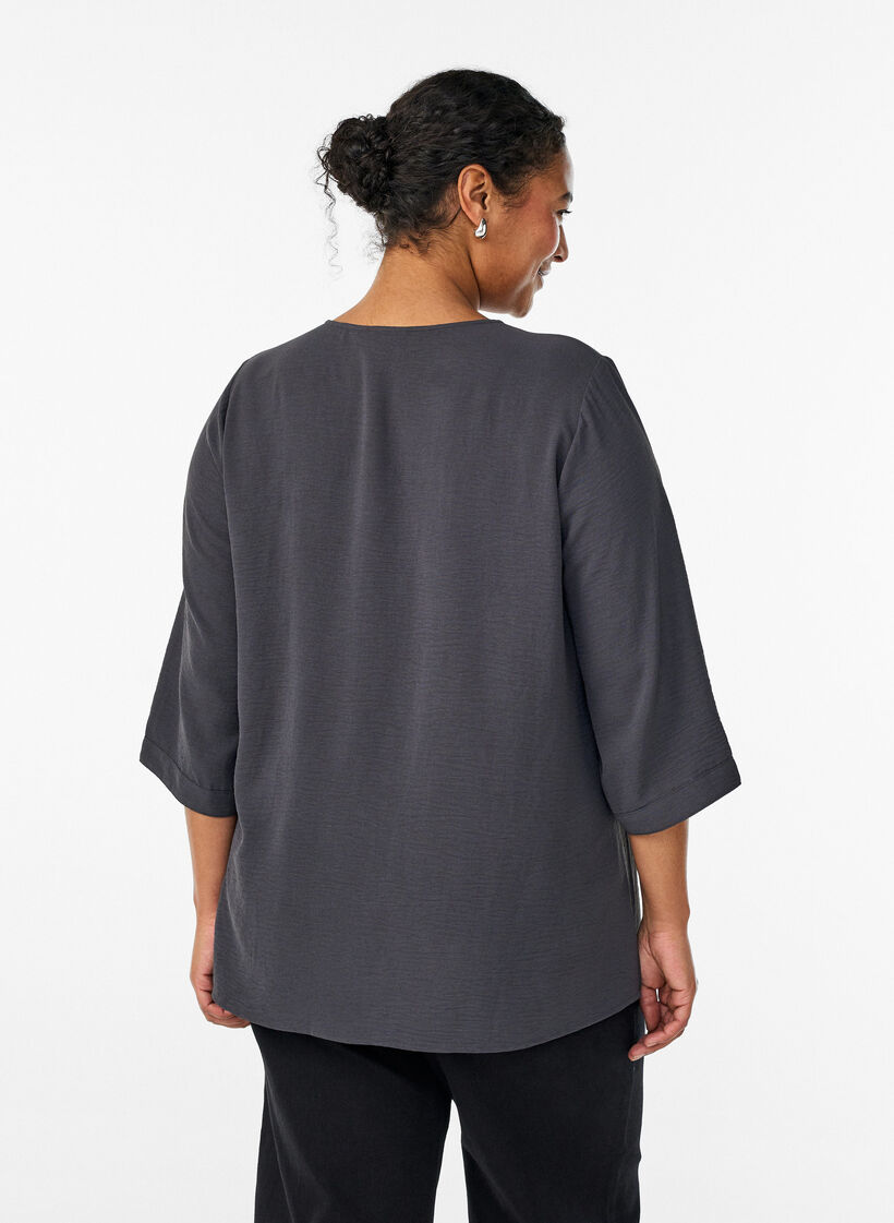 Skjortebluse med v-hals og 3/4 ermer, Gr&aring;, Model image number 2