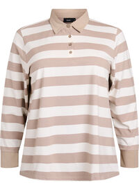 Langermet poloskjorte med striper, Beige Langermet poloskjorte med striper