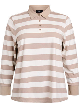 Zizzi Langermet poloskjorte med striper, Beige, Packshot image number 0