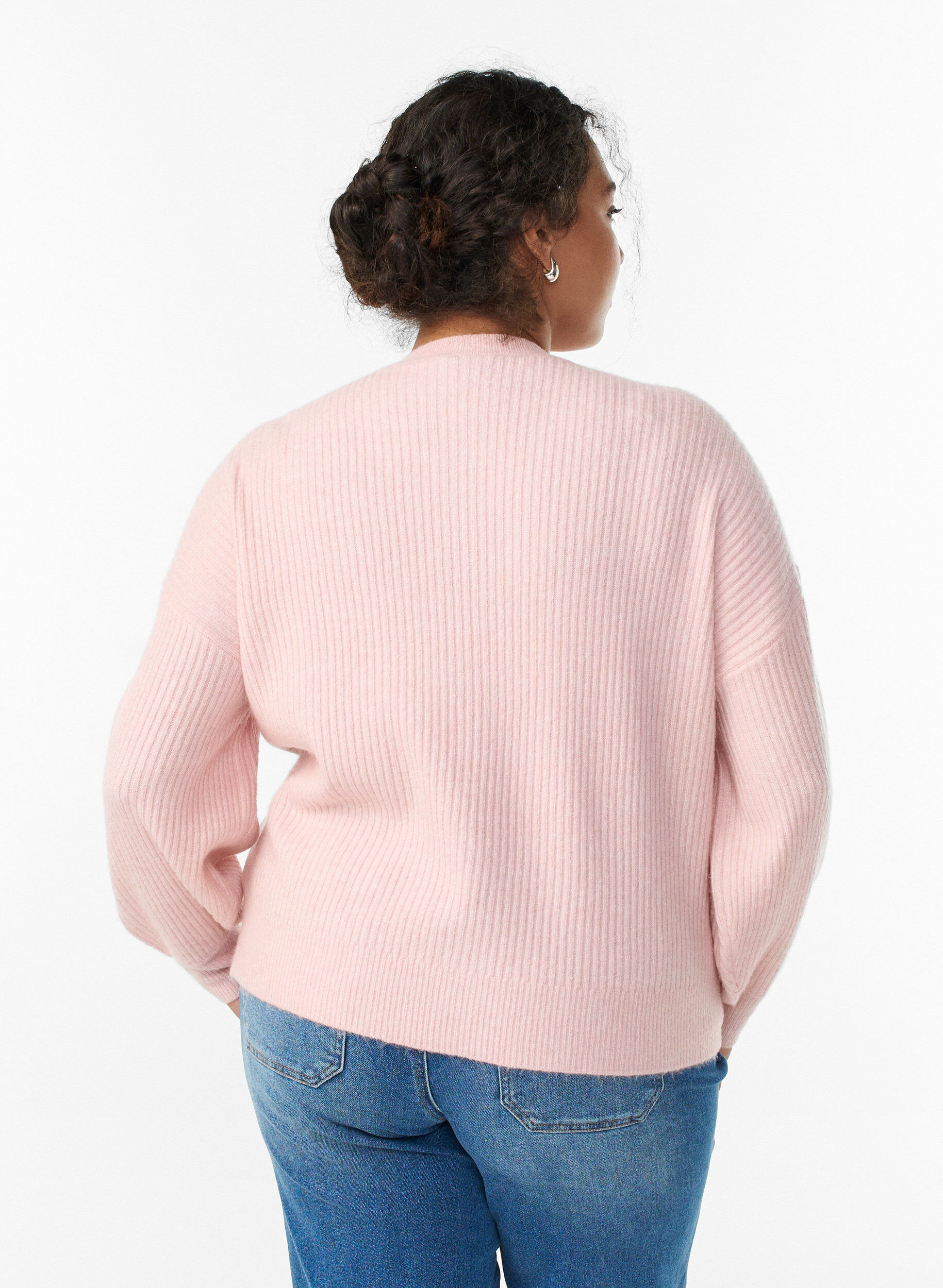 ZizziRibbestrikket cardigan med knapper, Rosa, Model image number 2