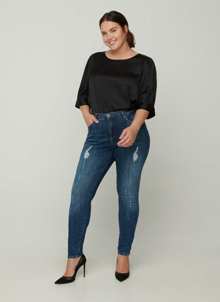Amy jeans med slitte detaljer, Blue denim, Model image number 2