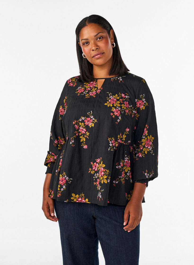 Langermet bluse med blomstertrykk, Svart, Model image number 0