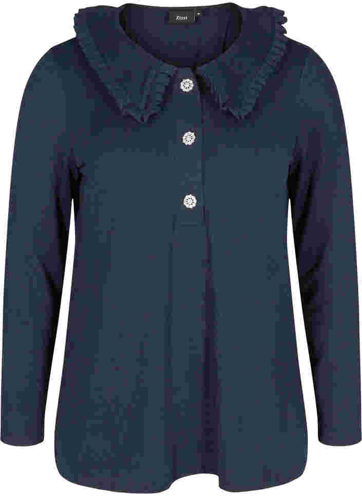 Bluse med volangkrave og dekorative knapper, Night Sky, Packshot image number 0