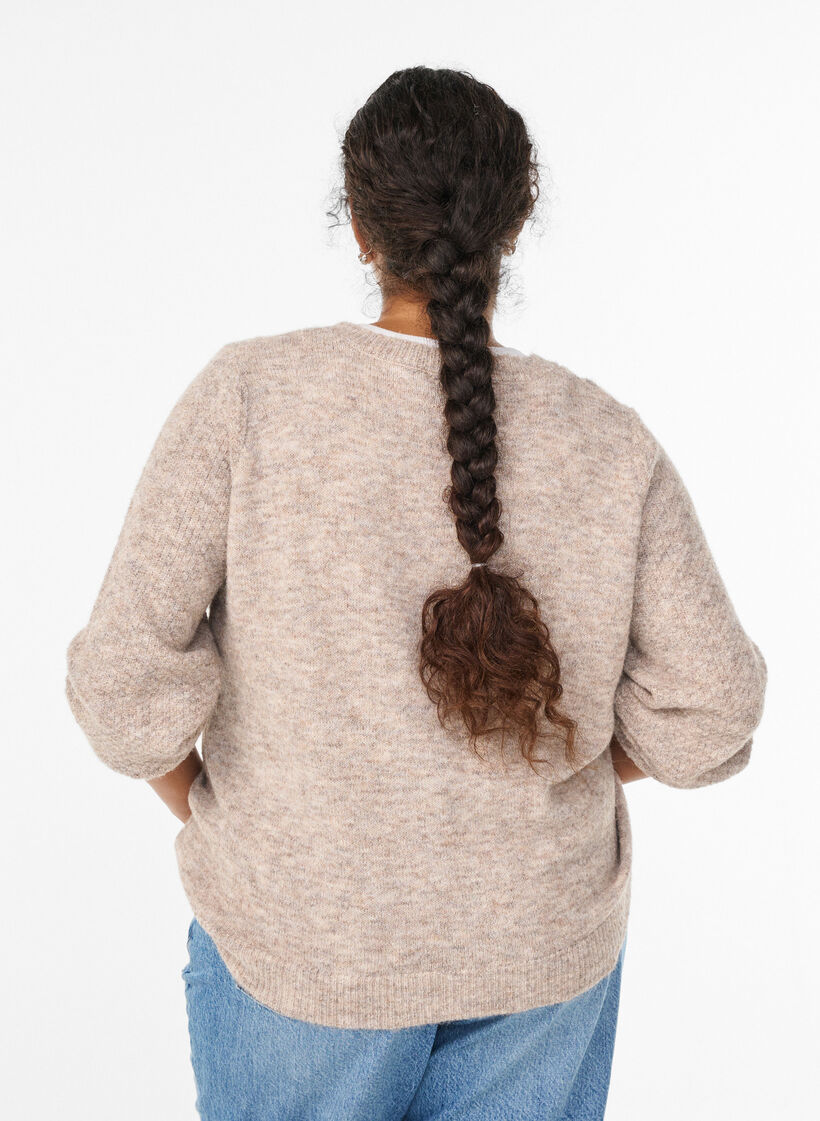 Cardigan med sl&oslash;yfeknapper og hullm&oslash;nster, Beige, Model image number 2