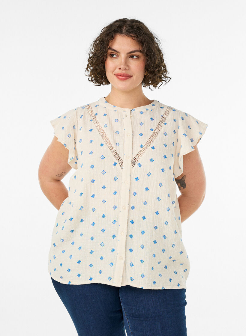 Ermel&oslash;s bluse med heklekant og volangdetaljer, Beige, Model image number 0