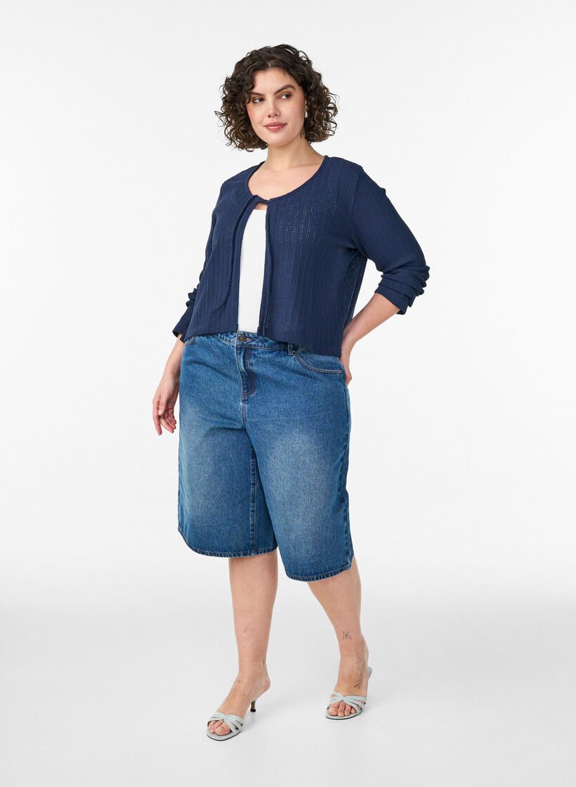 Jersey cardigan med tekstur og knyting foran, Bl&aring;, Model image number 1