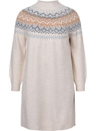 Mønstret strikket kjole med lange ermer, Birch Mel. Comb