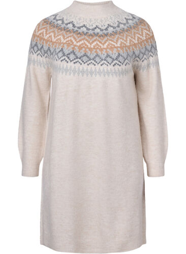 Mønstret strikket kjole med lange ermer, Birch Mel. Comb, Packshot image number 0