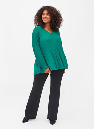 Bluse i plissé med V-hals, Evergreen, Model image number 2