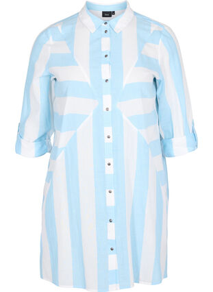 Stripete bomullskjorte med 3/4-ermer, Blue Bell Stripe, Packshot image number 0