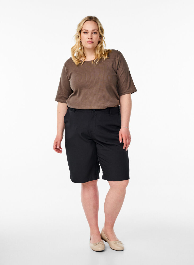 Ribbestrikket jerseybluse med korte ermer, Brun, Model image number 1