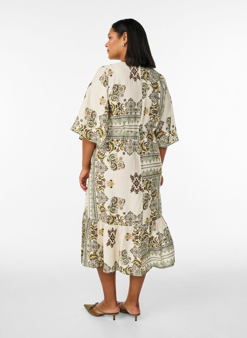 M&oslash;nstret midikjole i viskose med knytebelte, Gr&oslash;nn, Model image number 1