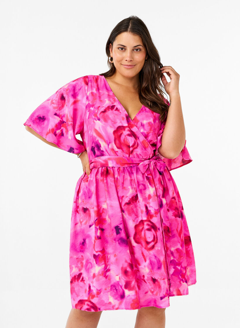 Knelang kjole med blomstertrykk og omslags-look, Pink Rose AOP, Model image number 0