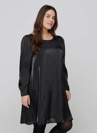 Kjole med shine og lange puffermer, Black, Model image number 0