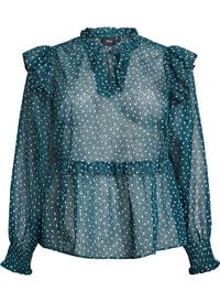 Chiffonbluse med volangdetaljer og små prikker, Grønn Chiffonbluse med volangdetaljer og små prikker