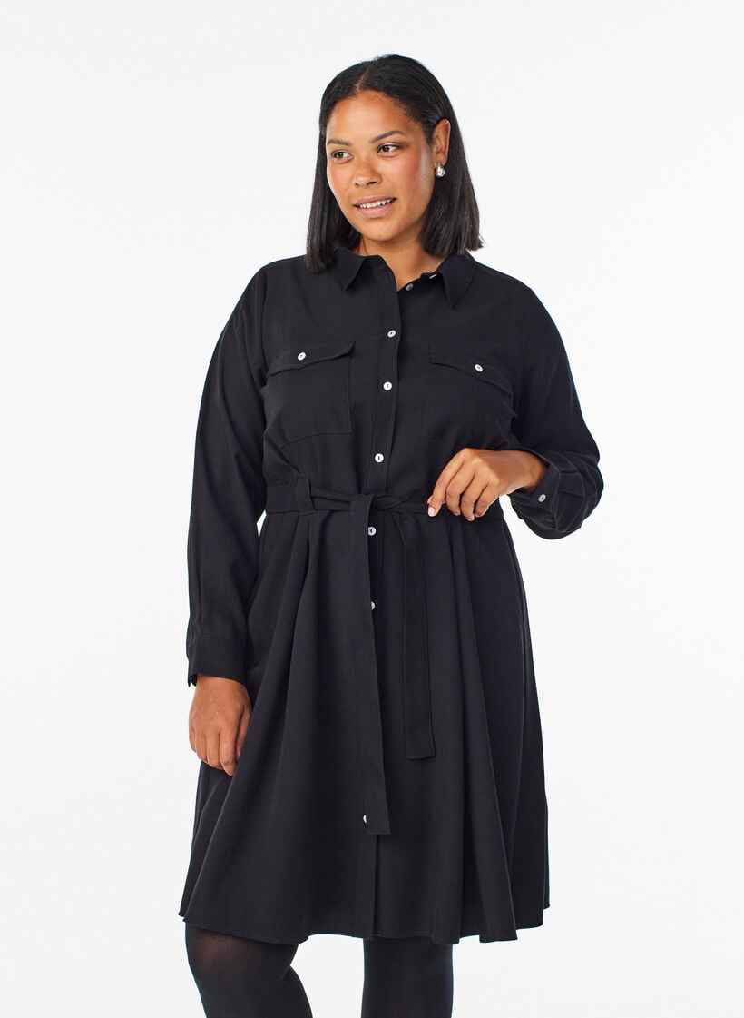 Skjortekjole med knytebelte og lange ermer, Svart, Model image number 0